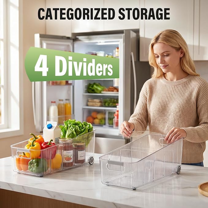 Fridge Organizer Bins with Wheels, Pull Out Fridge Organizer, Adjustable Dividers and Easy Pull Handles, Clear Plastic, 2-Pack, Suitable for Kitchen, Pantry and Cabinet Deep Shelves