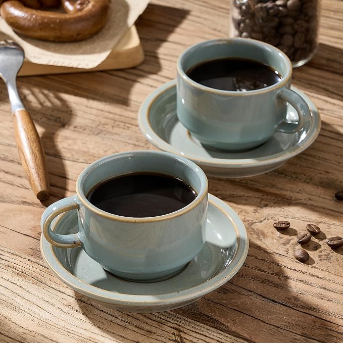 JIEMEI HOME Porcelain Stackable Espresso Cups with Saucers and Metal Stand, 4 Ounce Demitasse Cups for Latte, Cafe Mocha, Tea - Set of 6, Reactive Glaze, Wild Sage Earth Speckle