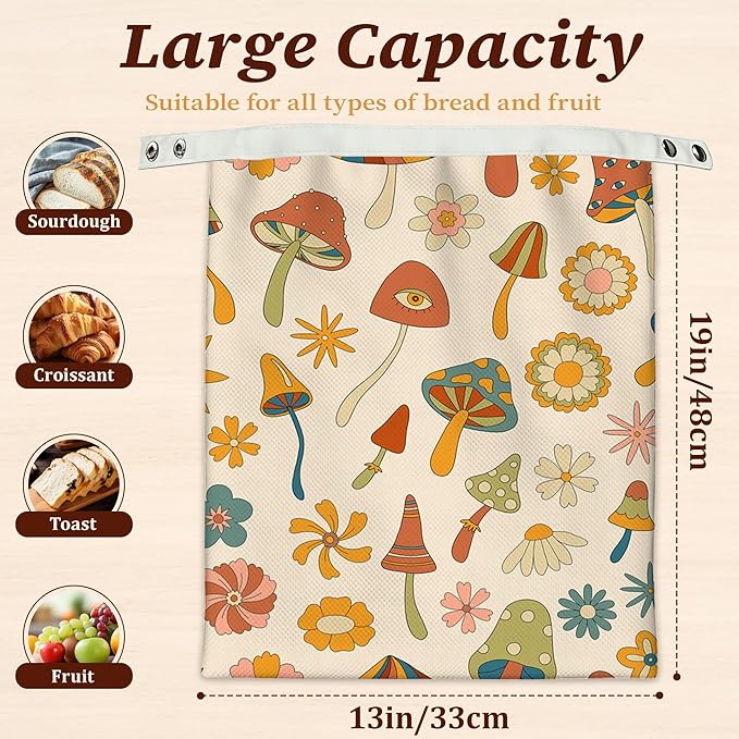 Bread Bags for Homemade Bread- Vintage Mushrooms 2 Pack Linen and Beeswax Sourdough Storage Bags, Reusable Keeper, Keeps Breads Fresh Longer, Gifts for Bakers