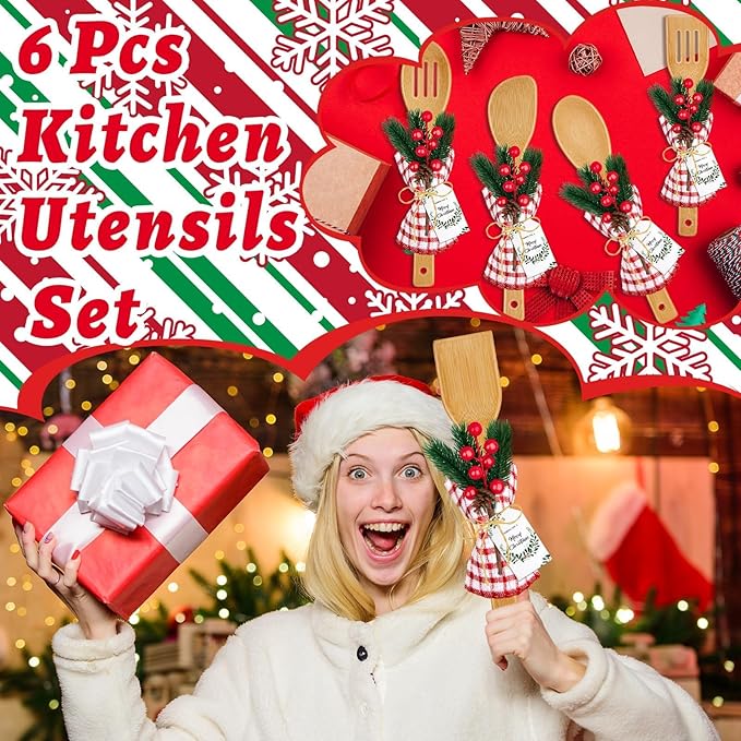 6 Set Christmas Gifts Kitchen Utensils Set with Holder Spatulas Bamboo Spoons Tag for Christmas Holiday Gift Kitchen Utensils Party Decoration