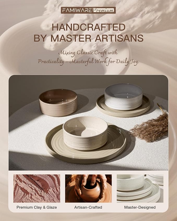 Stoneware Dinnerware Sets for 8, 24-Piece High Edge Plates and Bowls with Speckled Glaze & Spiral Design - Chip & Scratch Resistant, Microwave & Dishwasher Safe - Gift Box, Multicolor
