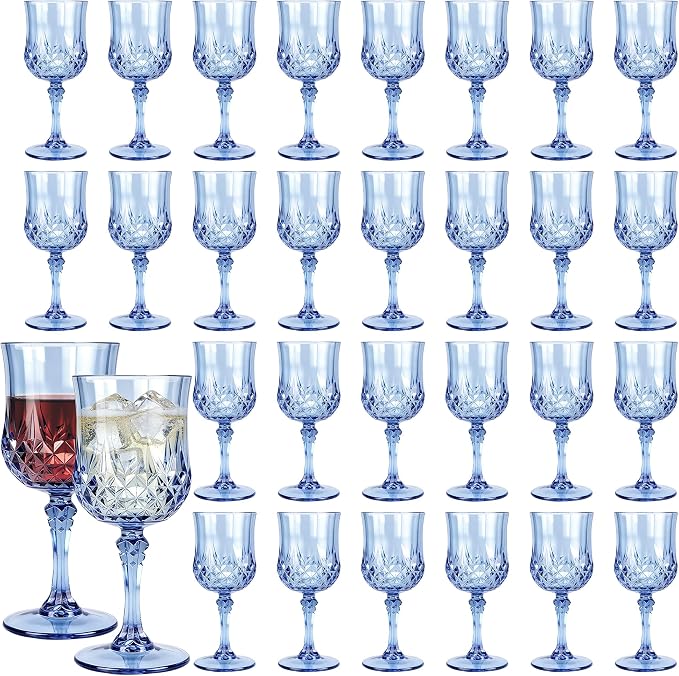 30 Pack Plastic Wine Glasses,10oz Unbreakable Vintage Style Goblets,Reusable Crystal Like Drinking Glass for Wedding Reception, Party Supplies (Blue)