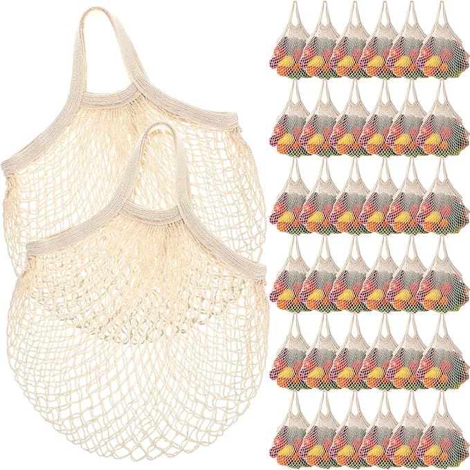 Paterr 36 Pack Cotton Mesh Produce Bags Bulk Reusable Market Bag Washable Net Grocery Purse String Shopping Tote Beach Organizer for Vegetable Fruit Picnic Food Storage (Short Handle,Beige)