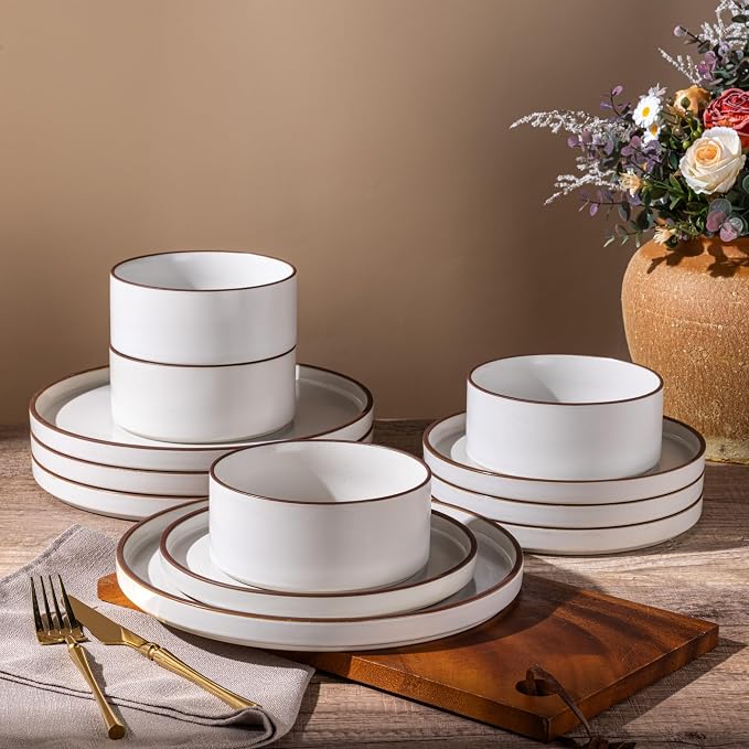 LERATIO Ceramic Dinnerware Sets for 4, High Edge Stoneware Plates and Bowls Set, Chip and Crack Resistant | Oven & Dishwasher & Microwave Safe Dishes Set, Service for 4 -Vanilla White