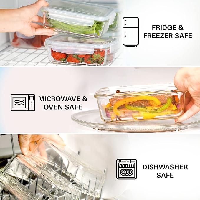 Razab 16 Pc (Set of 8) 30 Oz Glass Meal Prep Containers with Lids, Airtight Large Glass Food Storage Containers, Reusable Leak Proof BPA Free, Freezer to Oven and Dishwasher Safe