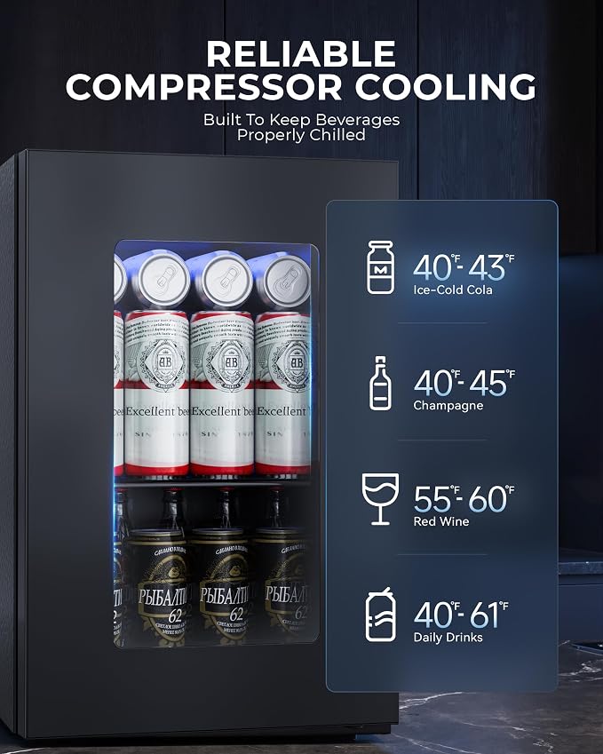 Manastin 18L Beverage Refrigerator Cooler, 24-Can Mini Fridge with Glass Door & LED Light, 40–61°F Digital Temperature Control, Freestanding Drink Fridge for Soda, Beer, Bedroom, Office & Home Bar