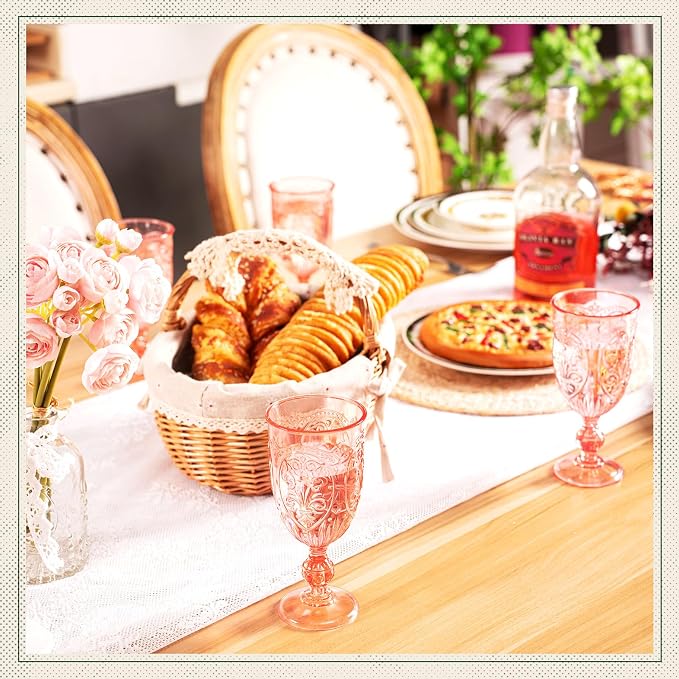 Wiwiqing 6 Pcs Plastic Goblets 7.5oz mini Vintage Goblet Plastic Wine Glasses Colored Retro Embossed Water Goblets for Wine Bar Juice Baby Shower Wedding Reception Grand Event Party (Pink)
