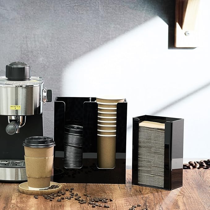 AceOrbit 2 Pack Coffee Cup Sleeve Holder, Coffee Cup and Lid Storage Organizer Holder,Black Vertical Dispenser for Bar Kitchen Restaurant