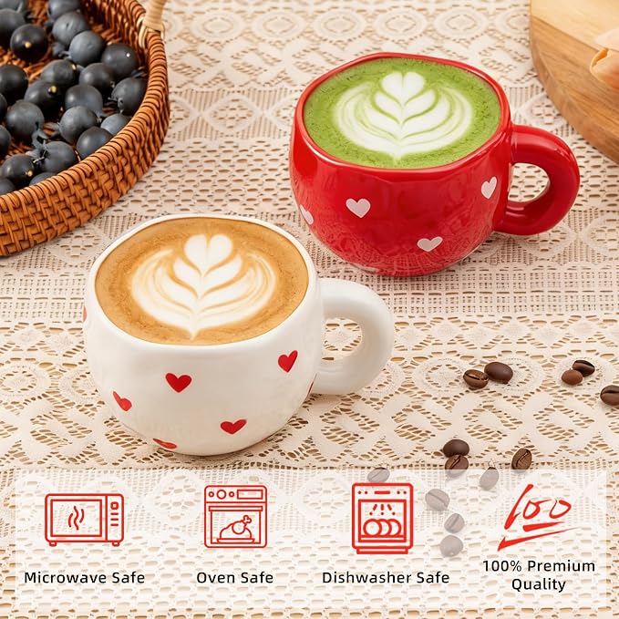 4pcs Ceramic Hearts Mugs Set, 9.4OZ Cute Love Coffee Cup Set, Red and White Color, Dishwasher Safe Espresso Cups, Gift for Women (Heart)