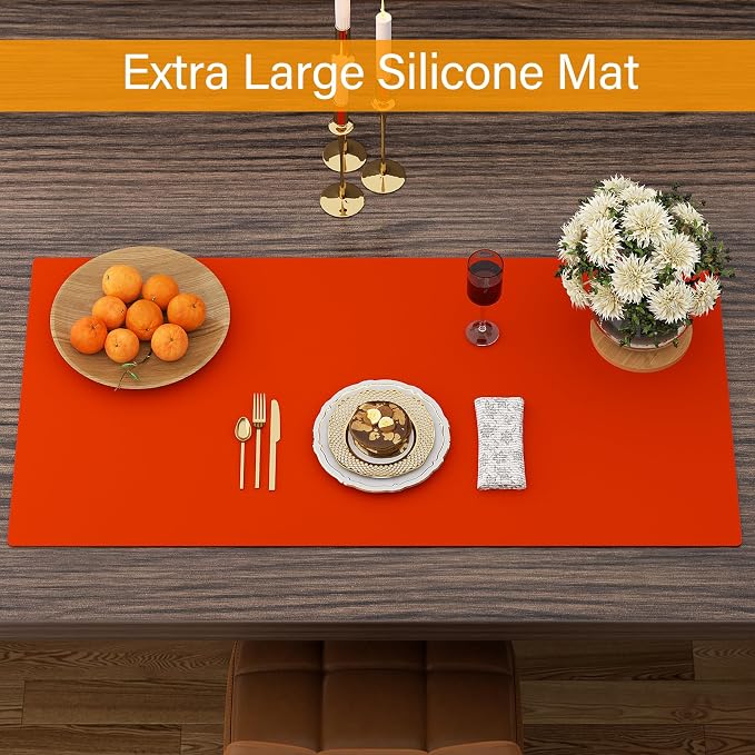 Quality Silicone Table Mat 47x24 Inch - High Heat Resistant (Lab Tested 482°F), Non-Slip Oil-Resistant Surface for Baking & DIY | Waterproof & Easy Clean (Orange)