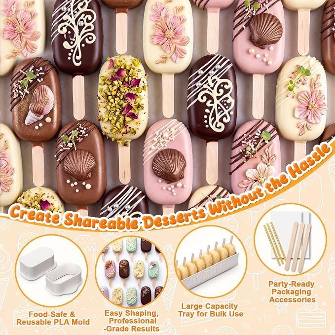 3in Cakesicle Cutter with 9in Tray, Cakesicle Mold Set with 100 Sticks, 100 Bags and 100 Ribbons, Baking Tools for Home Baking, Birthday Parties, Wedding Desserts(White,3.6in,Single Slot)