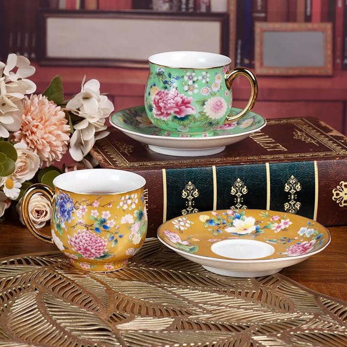 KAMMAK Tea Cups and Saucers Set of 2, Porcelain Coffee Cups, 7.1oz Stackable Espresso Mugs, Ceramic Demitasse for Coffee, Latte, Americano, Tea (942N+944N)