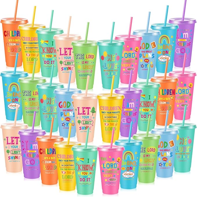 Uiifan 30 Pcs Christian Cups Bulk for Kids, Vacation Bible School Gifts Religious Plastic Tumblers with Bible Verses, Sunday School and Church Gifts, Reusable Cups with Lids and Straws (Pastel)