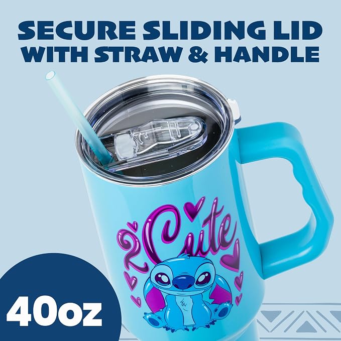 Silver Buffalo Disney Lilo and Stitch “2 Cute” Double Walled Stainless Steel Tumbler with Handle, Fits in Standard Cup Holder, 40 Ounces