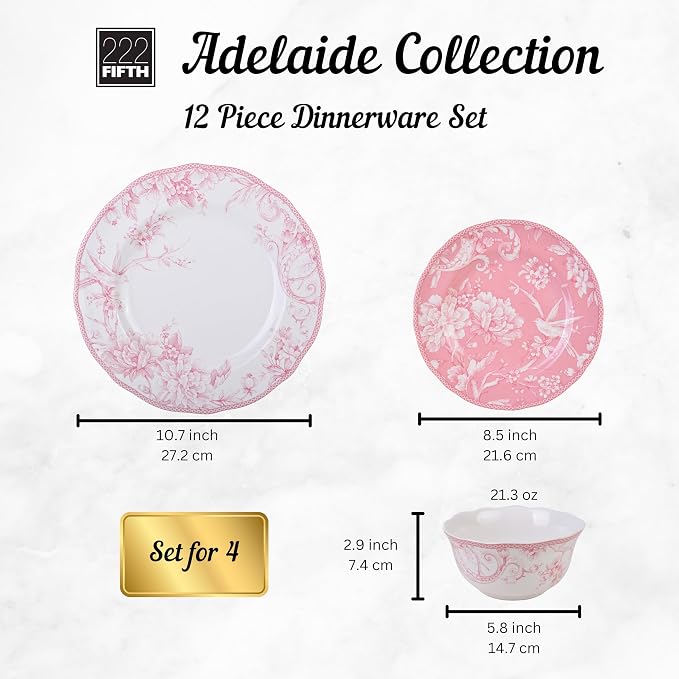 222 Fifth Adelaide Blush 12-Piece Pink Porcelain Dinnerware Set – Service for 4, Big Dinner Plates and Bowls Sets, White with Pink Floral Pattern, for Daily Entertainment, Microwave & Dishwasher Safe