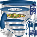 Priority Chef 6Pc Stainless Steel Mixing Bowls with Lids Set, Huge 7 Qrt Size Metal Bowl Set for Kitchen, 3 Graters, Non-Slip Bases & Silicone Utensils Set, Blue