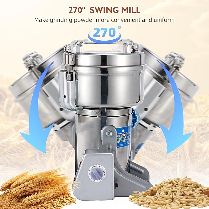 MAGIC MASTER 500g Grain Mill Grinder Electric,High Speed 1800W Commercial Safety Stainless Steel Dry Grinder Machine For Flour Wheat Nut Corn Rice Spice Pepper Herbs Coffee Beans,Swing,110V