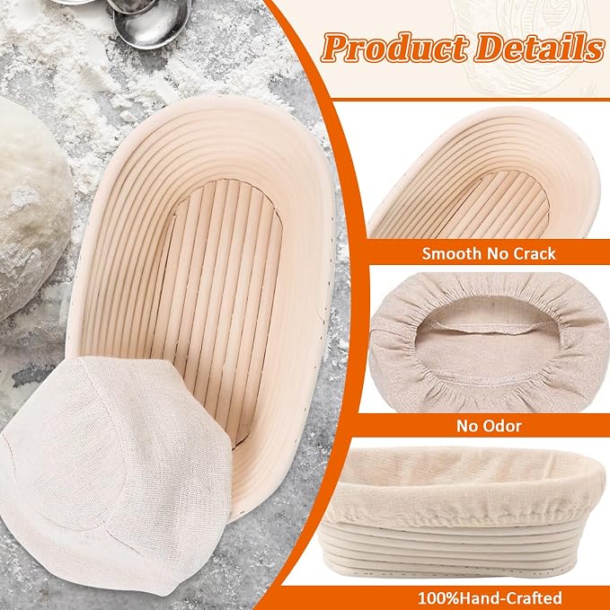 6 Pack Oval Banneton Proofing Basket Set 10 Inch, Natural Rattan Sourdough Bread Baskets with Linen Liners, Dough Baking Bowls for Professional & Home Bakers (10" Oval -6 Pack)