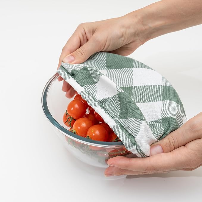 Sage Green Cotton Bowl Covers - 8 Pack, Reusable, Washable, 100% Cotton Fabric Set to Cover Fruits, Vegetables and Regulate Moisture - Elastic Closure for Salads, Bread & Leftovers (Sage Green)