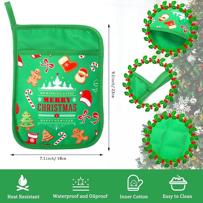 Zhehao 12 Pcs Christmas Silicone Spatulas Pot Holders Set Heat Resistant Pot Holders with Pocket Baking Gifts for Christmas Gift Party Supplies(Cute Christmas Style)