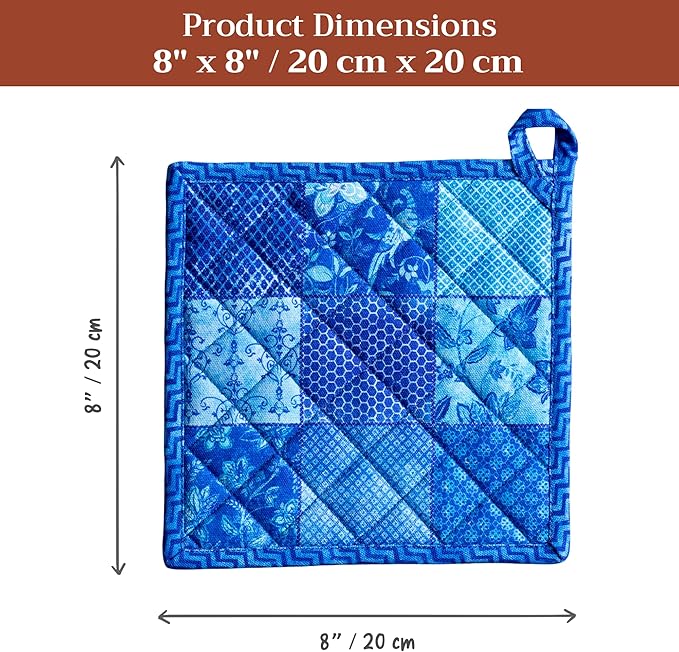 Maison d' Hermine Pot Holders 100% Cotton Heat Resistant Potholders 8" x 8" Hot Pads with Loop BBQ Cooking Baking Gifts for Mothers Day Handling Hot Pans Spring/Summer (Pack of 2, Indigo Love)