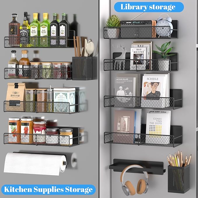 Magnetic Shelves for Washing Machine 6 Pack, Heavy-Duty Metal Magnetic Laundry Organizer Black W/ Hanger Organizer, Tool Holder, Space Saving Shelf for Home Kitchen Closet & Laundry Room Organization