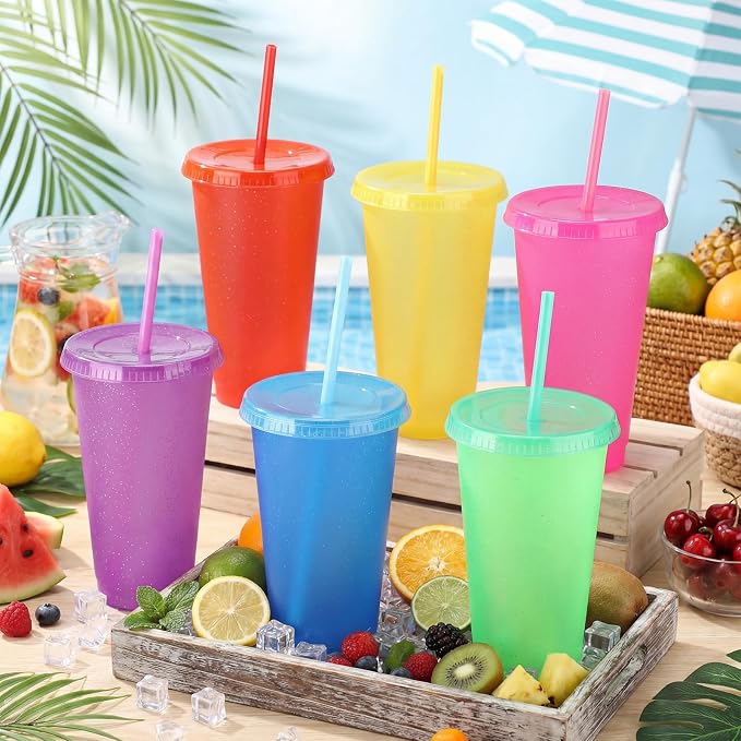 Honeydak 30 Pack Tumbler with Straw and Lid Bulk Cups for Gifts Glitter Plastic Coffee Cups 24-27 oz Reusable Water Bottle Iced Coffee Travel Mug Party Favors for Birthdays Travel (Gorgeous Color)