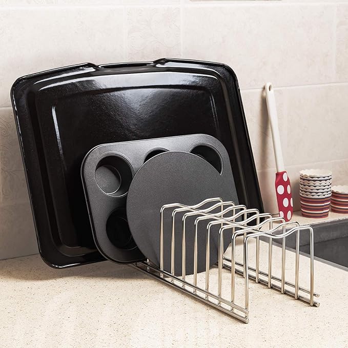 SANNO Pot Lid Organizer Pot Lid Rack Holder Drawer Plate Organizer Expandable Dish Drying Rack Sink Dishes Drainer, Dish Rack with Utensil Silverware Storage Holder
