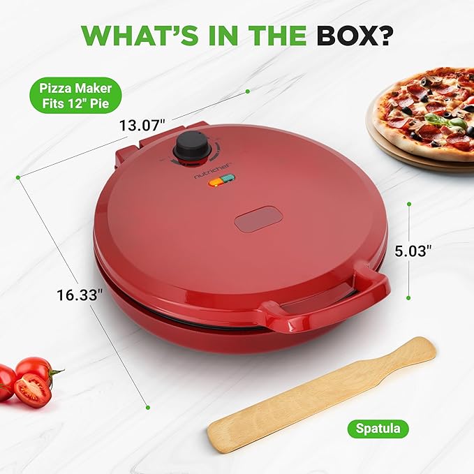 NutriChef Countertop Pizza Maker | 1500W Non-Stick Electric Pizza Cooker | Make 12" Personal Pizzas, Eggs, Toast & More | Cool-Touch Handles, Compact & Space-Saving | Temp Range 175-400°F | Red