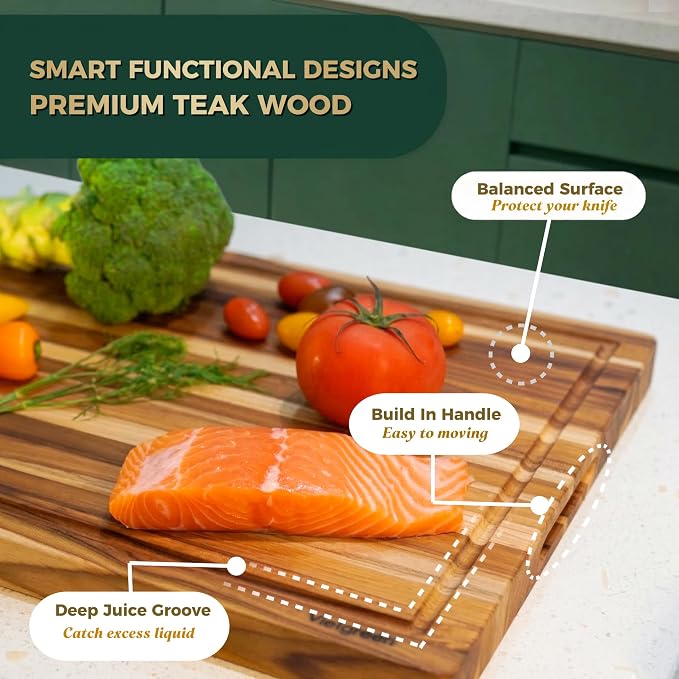 Teak Wood Cutting Boards for Kitchen, [18" x 14" x 1.25"] Medium Wooden Cutting Boards, Knife Friendly Butcher Block Cutting Board with Deep Juice Grooves and Built in Handle