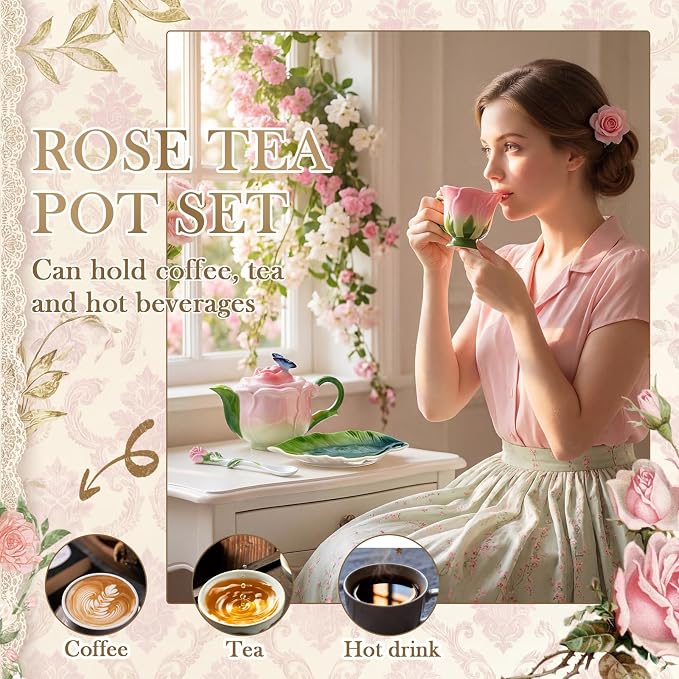 Rose Flower Teapot and Cup Set – 22oz Ceramic Decorative Teapot & 6.8oz Cup with Saucer & Spoon for Women, Pink Hand Painted Vintage Floral Teaware Coffee Mug Gift for Teacher Birthday Wedding