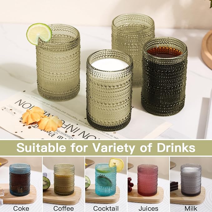 JOVGANK Green Vintage Hobnail Drinking Glasses Set of 6, Water Tumbler 15oz, Kitchen & Bar Beaded Highball Glasses, Beverage Glass Cups for Water, Beer, Juice, Housewarming and Mother's Day Gift