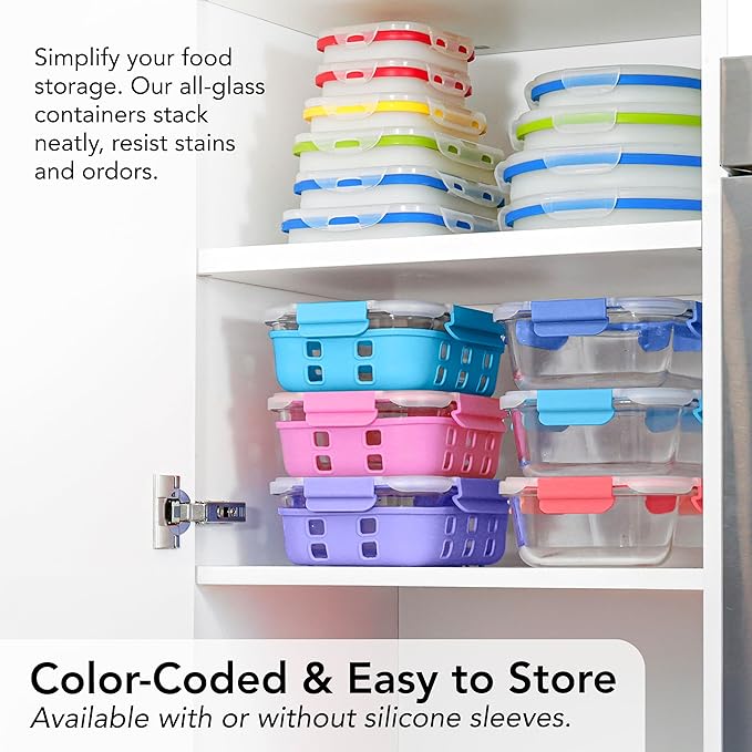 ECOBERI 4.5 Cup Glass Meal Prep Containers with Lids & Silicone Sleeves, 3-Pack Airtight, Leak-Resistant Food Storage Containers for Fridge, Freezer, Oven & Microwave