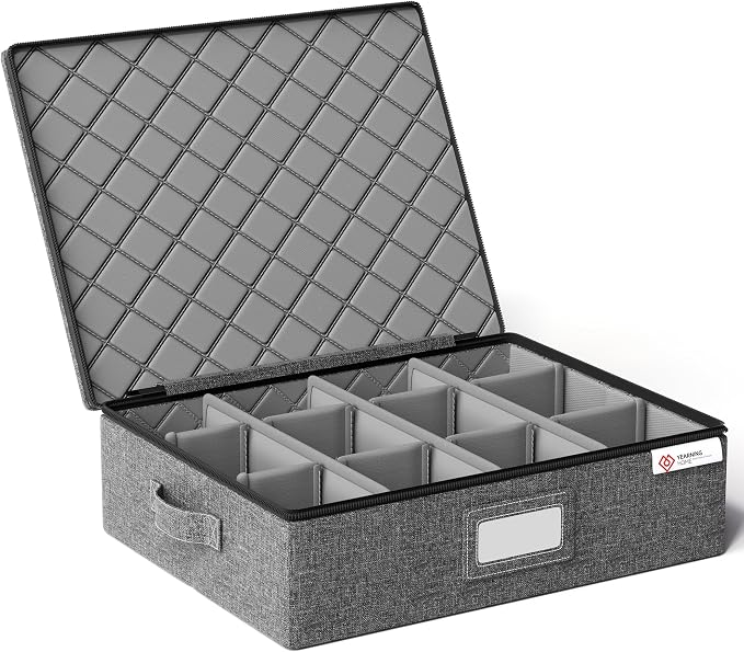 YearningHome Cup and Mug Storage Boxes with Dividers,Hard Shell Coffee Mug Organizer with Lid,Handles,Zips and Label Window for Coffee Mugs,Tea Cups,Packing and Moving,Hold 12,1 Pack, Grey