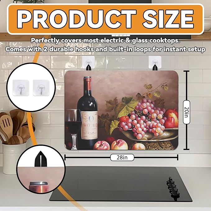 Decorative Stove Top Covers for Electric Stove 28"x20" – Heat Resistant Glass Cooktop Protector Dish Drying Mat – Non-Slip Rubber Backing Washer Top Cover Waterproof Extra Counter Space (Wine)