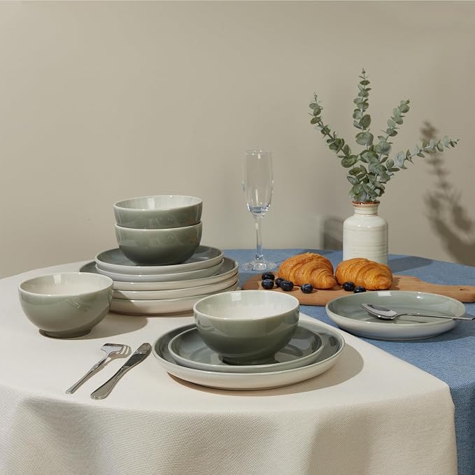 Pokini Plates and Bowls Sets for 8, 24 Piece Dinnerware Set for Large Families & Entertaining, Elegant Design, Dishwasher & Microwave Safe, Chip Resistant and Durable, Gray Green