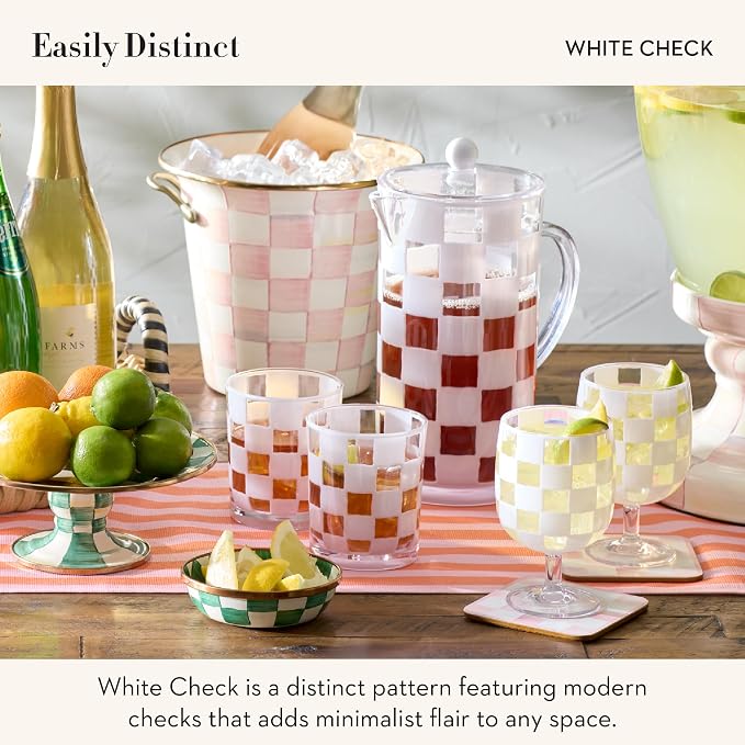 MACKENZIE-CHILDS Set of 4 Acrylic Tumblers, Open Tumbler Cups, Acrylic Cups, 14 Ounces, White Check