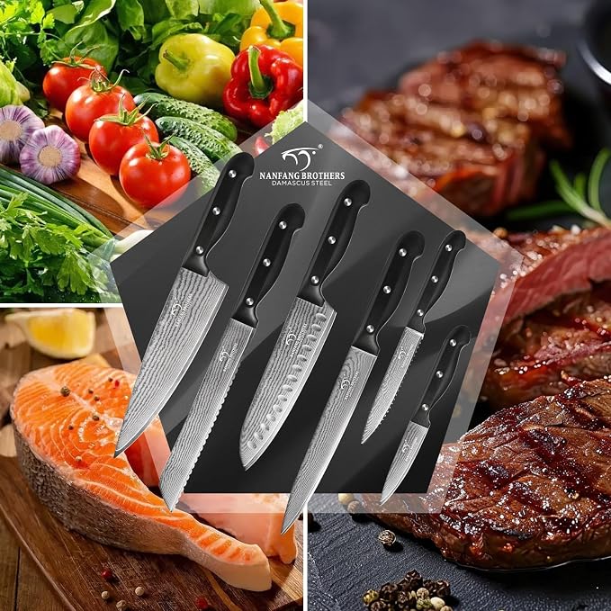 NANFANG BROTHERS 9-Piece Damascus Kitchen Knife Set, 67-Layer VG10 Japanese Steel, Professional Chef Knives with Compact Wooden Block, Triple-Riveted Ergonomic Handles (Hand-Wash Only)