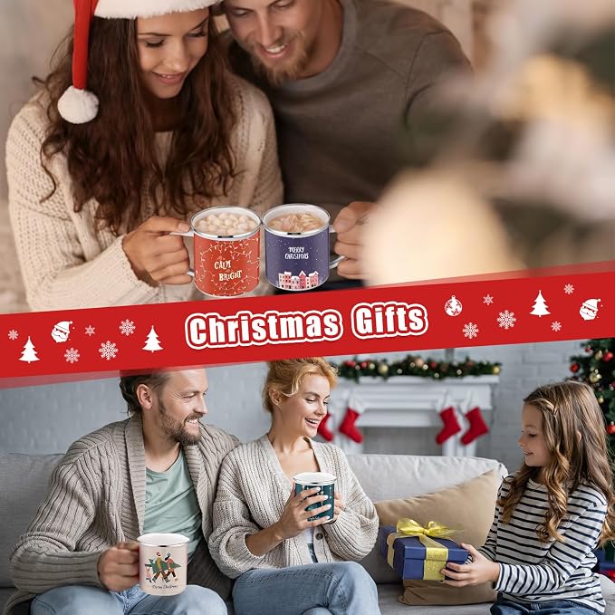 Sliner 12 Pcs Christmas Enamel Mugs, 12 oz Coffee Mugs Bulk Hot Chocolate Mug Set Cute Enamel Tea Cups Winter Holiday Christmas Employee Gift for Family Coworkers (Festive Celebration)