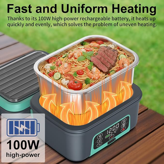 Cordless Electric Heated Lunch Box, 1.5L - 6.3 Cups 100W Rechargeable Smart Self-Heating Food Warmer with Removable Divider, Spoon, Fork, BPA Free, Portable Lunchbox for Car Travel Office Lake Green