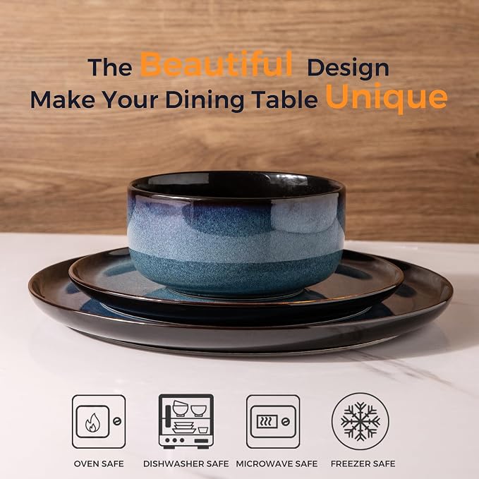 LeRatio Ceramic Dinnerware Sets for 6,Porcelain Plates and Bowls Sets,Handmade Reactive Glaze Dishes Set,Chip Resistant and Scratch Resistant | Oven&Dishwasher & Microwave Safe-Blue(18PCS)