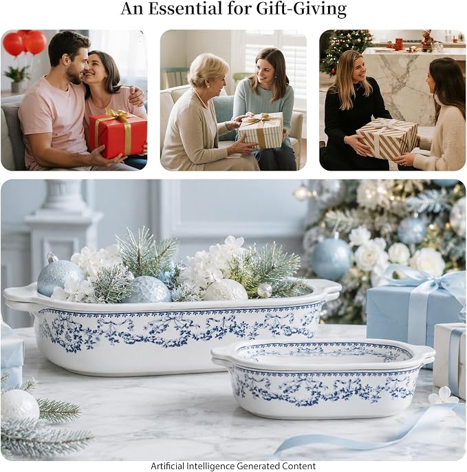 ACMLIFE Ceramic Casserole Dish with Lids for Oven, Large Baking Dish with Lid and Small Ceramic Casserole Dishes with Lid, Bakeware Set Baking Pan Lasagna Pan with Lids & Handles 4 Pcs Set (13x8 Inch+ 8x6 Inch, 2.01 Quart+0.85 Quart, Blue and White), C...