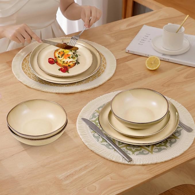 Herogo Dinnerware Sets for 6, 24pcs Stoneware Dinner Dish Set, Irregular Handmade Plates and Bowls Dishware, Crack and Scratch Resistant, Microwave & Dishwasher Safe, Cream Khaki