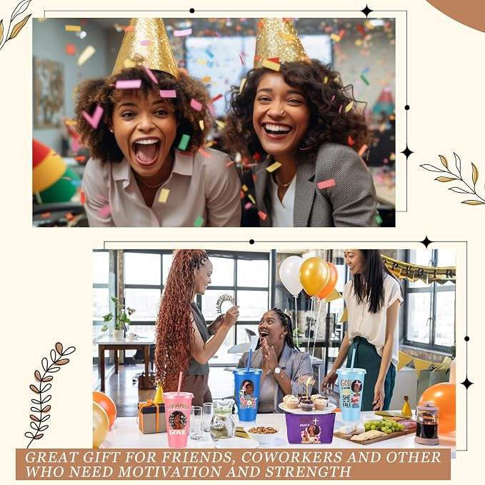 Hollowfly 12Set/48Pcs African Americans Black Women Christian Gifts Set Include 24oz Coffee Cup with Lid and Straw, Makeup Bags, Mirrors, Notepad, Black Owned Inspirational Gift for Women(Colorful)