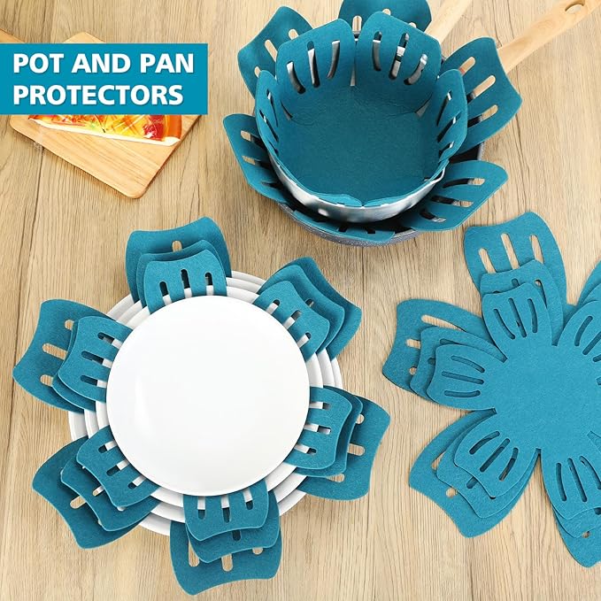 Nuogo 30 Pieces Pan Pot Protectors for Stacking 5 Different Size Max 16" Felt Pan Liners Protector Pad Anti Slip for Protecting and Dividers Stacking Separators(Teal)