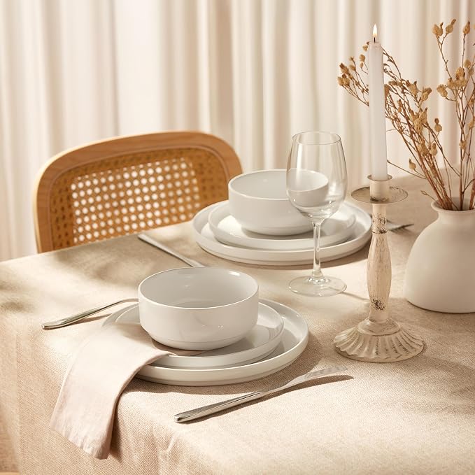 Ceramic Dinnerware Set, 12-Piece Service for 4, Soup Bowls (31.5 oz), Salad Plates (7.5"), Dinner Plates (10.5"), Round, Microwave and Dishwasher Safe, White, Cambridge Classics