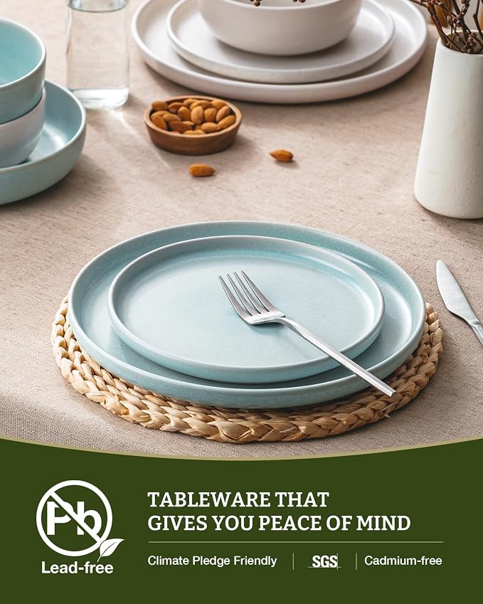 Famiware Milkyway Plates and Bowls Sets, 12 Pieces Dinnerware Sets, Reactive Glaze Dish Set, Stoneware Dishes Set for 4, Matte Beige White & Light Blue