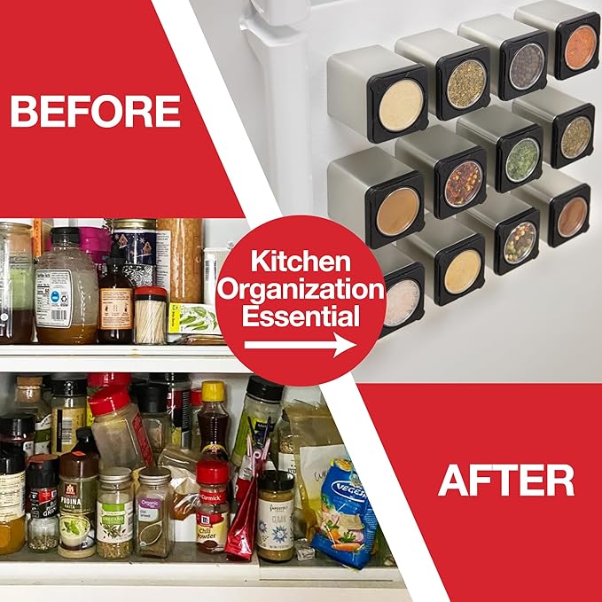Set of 12 Magnetic Spice Jars, Shake or Pour Containers Attach to Most Refrigerator Doors & Appliances, Seasoning Dispensers- Easy Open Window Top Shakers- Salt Pepper Organizers, Space Saving Baking