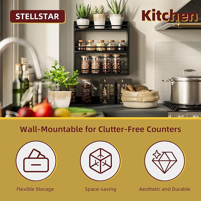 STELLSTAR Bamboo Spice Rack Wall Mount or Tabletop Holder, 3-Tier Shelf for Seasoning Bottles Organizer, Medicine Holder (Black)