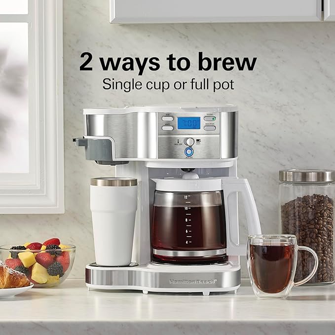 Hamilton Beach 2-Way Programmable Coffee Maker, 12 Cup Glass Carafe And Single Serve Coffee Maker, White with Stainless Steel Accents, 49933